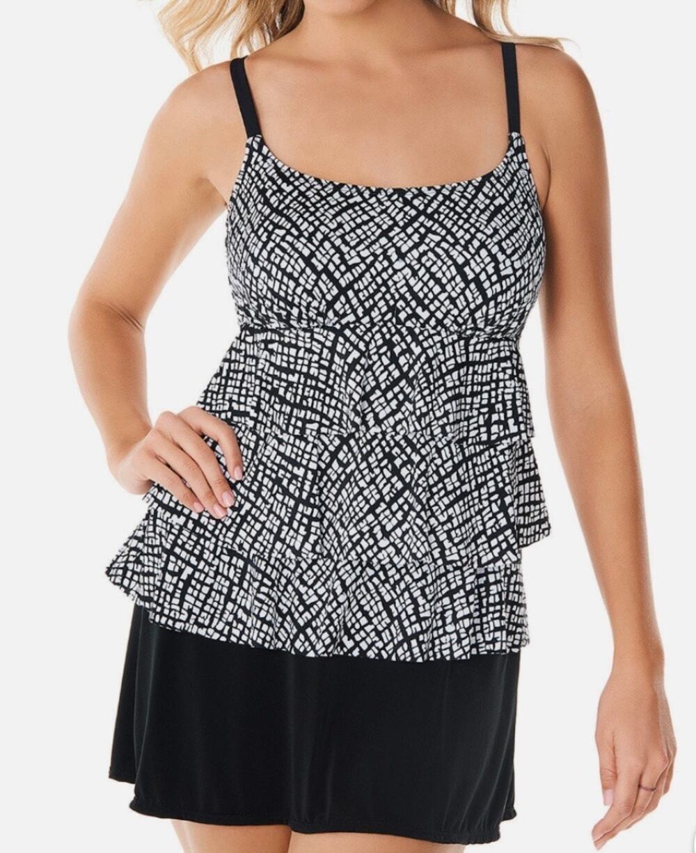 New! $99 St John's Bay Grid Swim Dress Swimsuit Black & White Women's Size 14